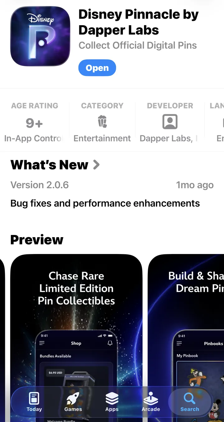 App Store listing for Disney Pinnacle by Dapper Labs: Collect Official Digital Pins, from developer Dapper Labs, in the Entertainment category, with preview screens for chasing limited edition pins and building Pinbooks.