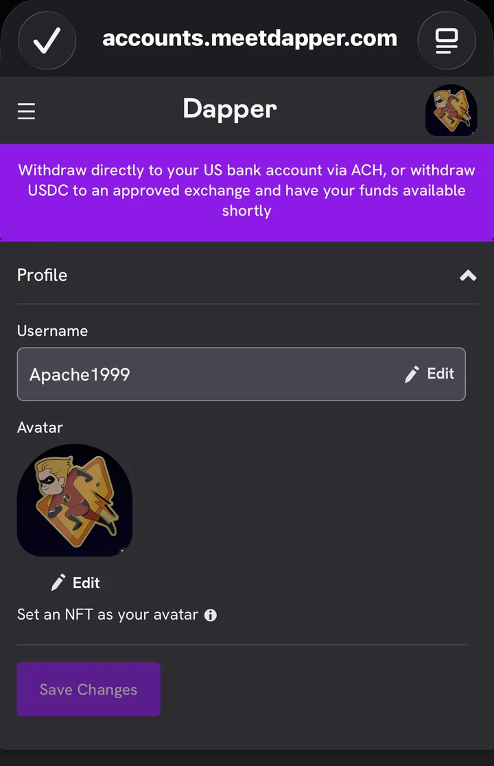 The Dapper profile page at accounts.meetdapper.com. Under Profile, the Username field shows Apache1999 with an Edit button, followed by the Avatar with Edit and a Save Changes button.
