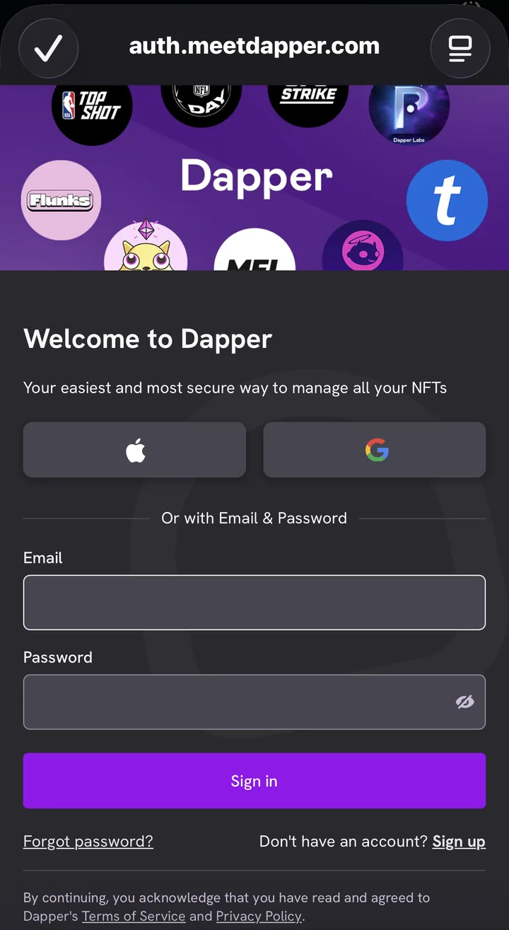 The Welcome to Dapper sign-in page at auth.meetdapper.com, with Apple and Google buttons, Email and Password fields, a purple Sign in button, Forgot password, and a link: Don't have an account? Sign up.